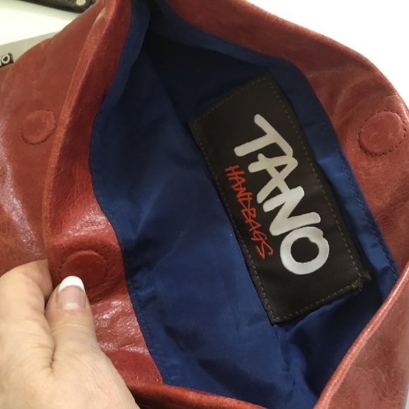 TANO Red and Brown Leather Envelope Clutch with Decorative Buckles - Picture 4 of 8